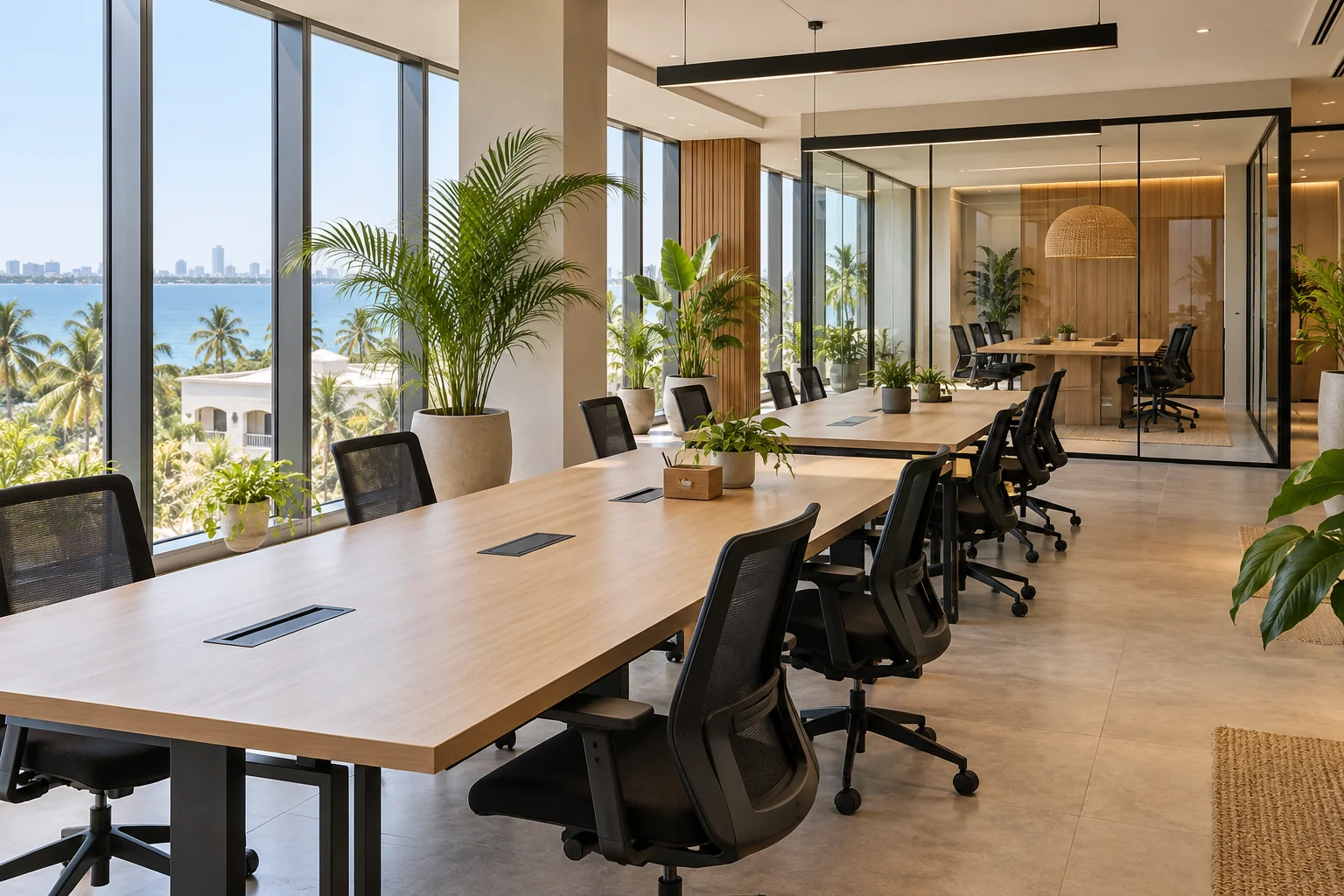Coastal workspace with tropical garden views